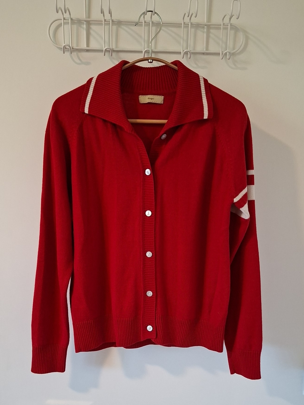Classic Red & White Preppy Polo-neck Wool-blend Cardigan w/ Arm Stripe (Size L)